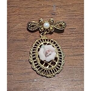 Vintage Porcelain Pink Rose Pearl Bow Gold‎ Color Dangle Pin Brooch 1.5"